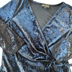 Velvet Wrap Top Women's Size XL Navy Blue Stretch Draped V-neck 3/4 Sleeve Tie